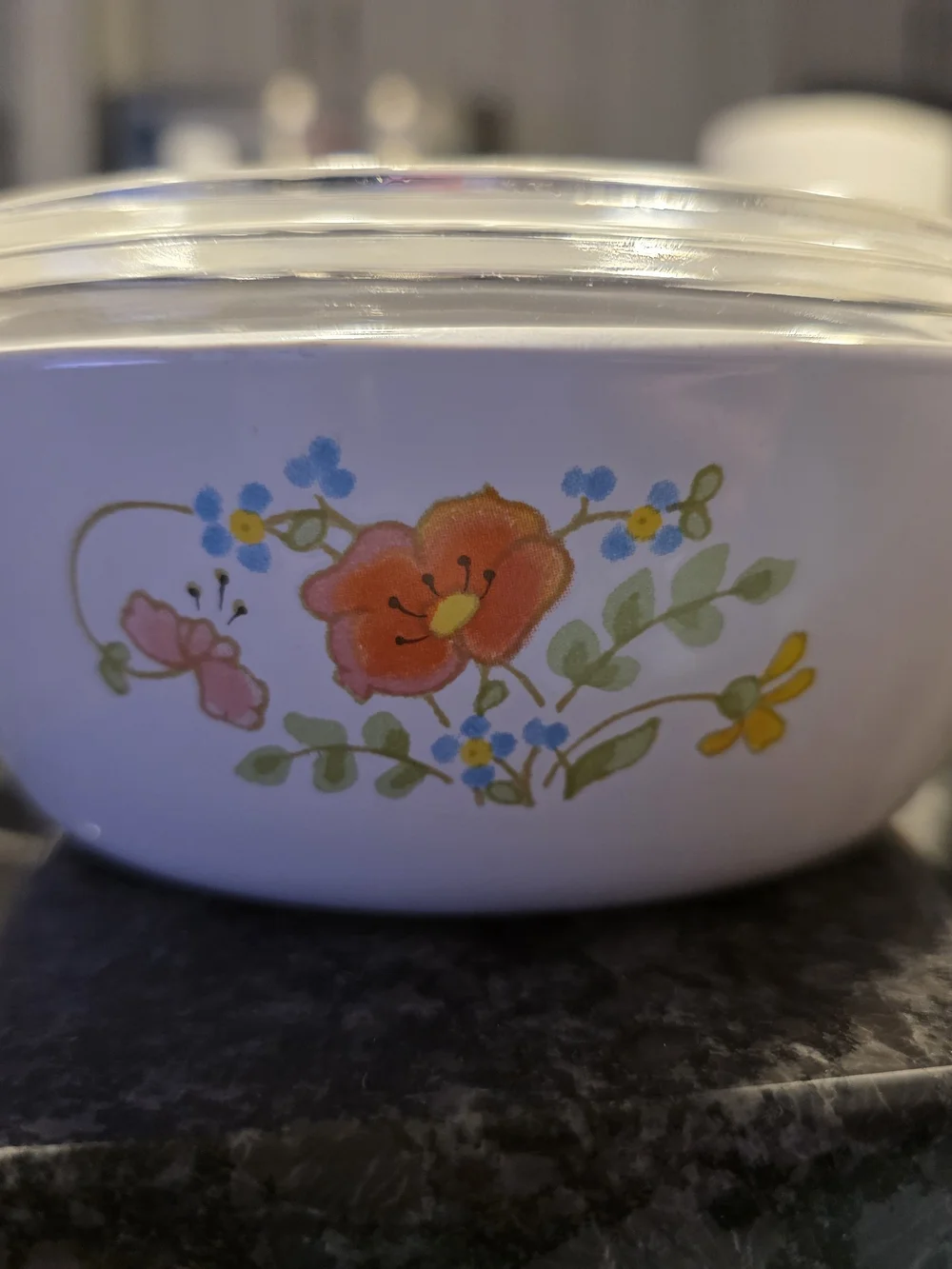 The Corning Ware Wildflower Saucepan/Skillet with Pyrex Lids.
